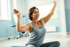 A smiling woman practices yoga in a bright, airy studio. She's seated in a lotus position, arms raised in a graceful pose. The room features pale blue walls and natural light, suggesting a wellness or fitness environment. Focus on health, exercise, and mindful movement.