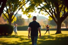 The image depicts a person standing in the foreground of a park scene. In the background, there are other people engaging in various activities - some walking on the path and others doing exercises. The environment is characterized by green grass, trees providing shade, and it appears to be a sunny day.