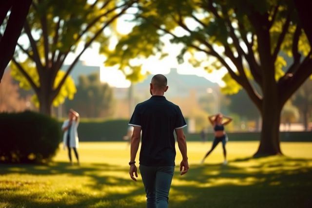 The image depicts a person standing in the foreground of a park scene. In the background, there are other people engaging in various activities - some walking on the path and others doing exercises. The environment is characterized by green grass, trees providing shade, and it appears to be a sunny day.