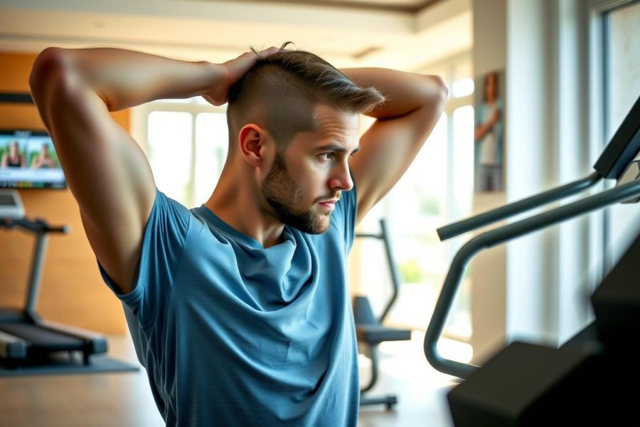 Man in a blue tank top stretches at a gym. Visible are exercise equipment and natural light. Fitness, workout, health, and wellness concepts.