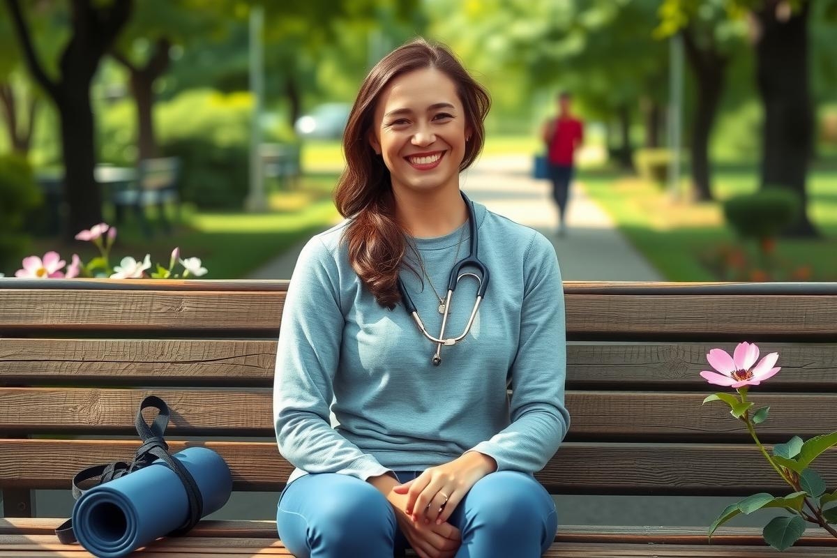 This is a color photograph featuring a woman sitting on a park bench. The woman appears to be in casual clothing, possibly suitable for exercise or outdoor activities, and she has a broad smile on her face, suggesting she's happy or relaxed. 
