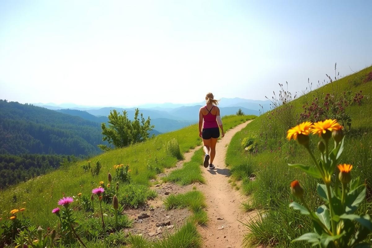 The image depicts a person jogging on a trail in a mountainous area. The environment is natural and peaceful, with grassy slopes dotted with yellow flowers and greenery. The sky is clear, suggesting it might be morning or late afternoon due to the soft lighting.