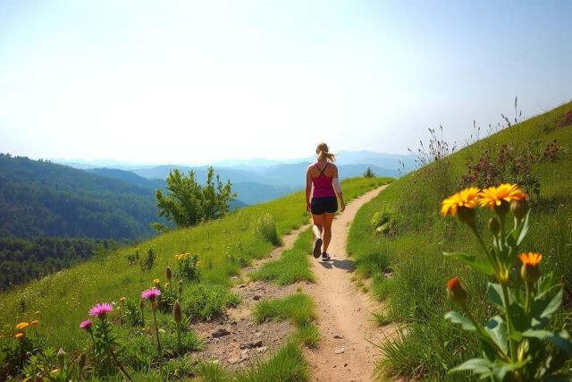 The image depicts a person jogging on a trail in a mountainous area. The environment is natural and peaceful, with grassy slopes dotted with yellow flowers and greenery. The sky is clear, suggesting it might be morning or late afternoon due to the soft lighting.