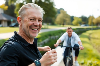 In the image, there is a man riding a bicycle and another man walking alongside him on a path. They are both smiling at the camera. The environment suggests they might be in a park or recreational area, with greenery surrounding them.