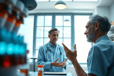 In a clinical setting, two doctors wearing white lab coats are engaged in conversation. One doctor stands and gestures with his hands while talking to the other who is seated on a stool. The background is filled with shelves holding various medical equipment, such as vials, which suggests they might be discussing patient care or medical research.