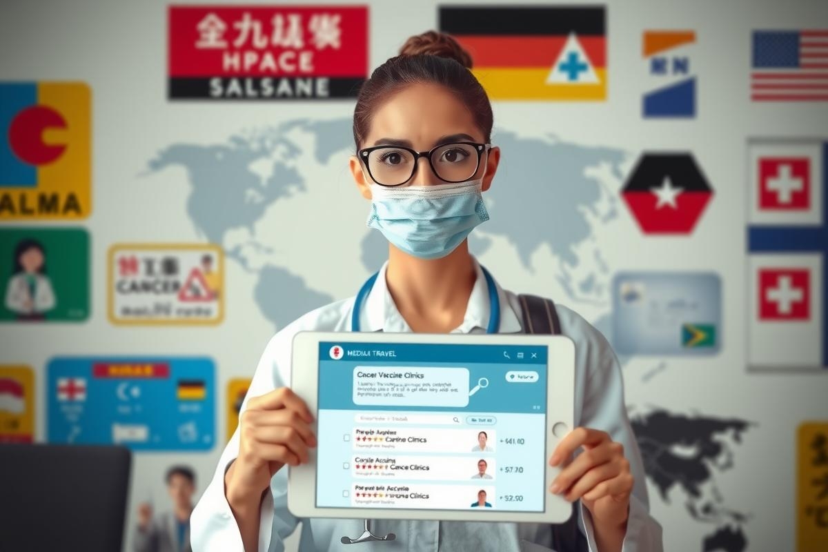 A female medical professional wearing a face mask and holding an iPad with patient data. The background is filled with various country flags, representing global health care connectivity.