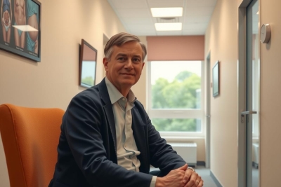 The image features a man seated at a desk in an office setting. He is wearing a dark jacket over a light-colored shirt, and appears to be posing for the photo with a slight smile on his face. The room has natural light coming from windows that are not visible but can be inferred by the reflection of the light on surfaces.