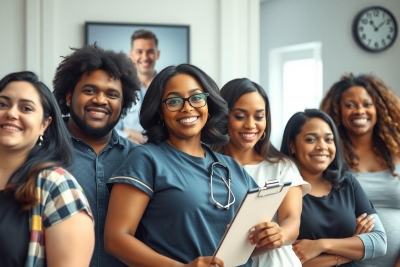 A group of medical professionals in scrubs and surgical gear, standing together in a clinic or hospital environment, smiling and posing for the camera.