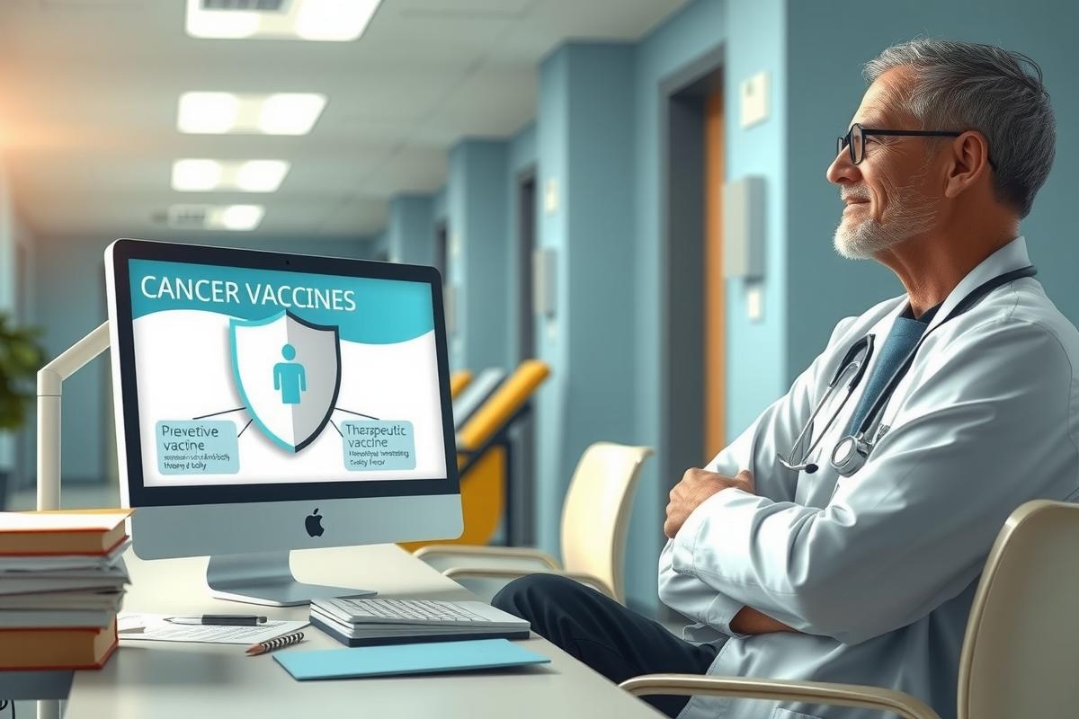 The image depicts a male doctor in a clinical setting, sitting at a desk with a computer screen displaying information about cancer vaccines. He appears to be reviewing or discussing the content on the screen. The environment is an office-like space with medical books and equipment suggesting a professional healthcare environment.