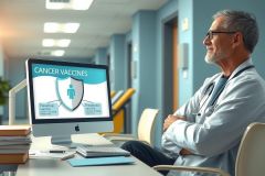The image depicts a male doctor in a clinical setting, sitting at a desk with a computer screen displaying information about cancer vaccines. He appears to be reviewing or discussing the content on the screen. The environment is an office-like space with medical books and equipment suggesting a professional healthcare environment.