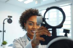 Optometrist examining eyes with a phoropter in a modern clinic. Healthcare professional wearing a white coat, focused on patient care. Bright, clean environment. 