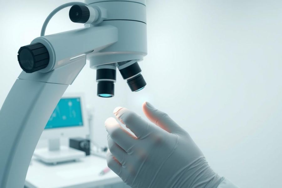 Lab setting featuring a microscope and gloved hand. Scientific research and analysis environment, close-up view. White and silver color palette.