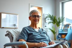 This image features an elderly woman comfortably seated in a wheelchair. She wears glasses and appears to be smiling or pleased. The background evokes a well-lit doctor's office environment, with natural light coming from the window.