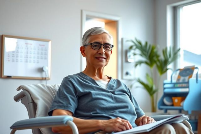 This image features an elderly woman comfortably seated in a wheelchair. She wears glasses and appears to be smiling or pleased. The background evokes a well-lit doctor's office environment, with natural light coming from the window.