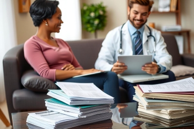 A doctor and a patient are engaged in an office setting. The man, wearing a white lab coat, is holding papers while smiling at the woman who sits opposite him.