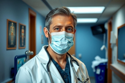 The image shows a medical professional wearing protective gear and a surgical mask. The individual is dressed in a white lab coat, indicating their role as a doctor or healthcare worker.