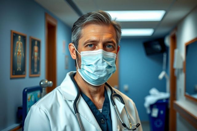 The image shows a medical professional wearing protective gear and a surgical mask. The individual is dressed in a white lab coat, indicating their role as a doctor or healthcare worker.