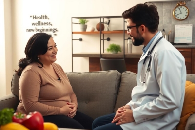 The image depicts a warm interaction between a woman and a man, presumably a doctor. The setting appears to be a modern home office or clinic with a comfortable couch, potted plants, and a clock on the wall.