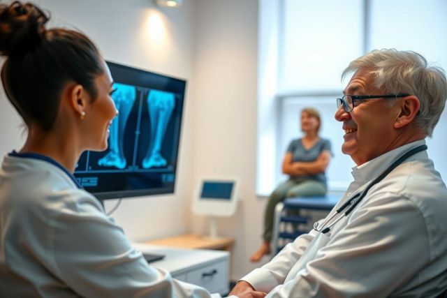 Doctor discussing x-ray results with patient in clinic. Medical professional reviewing diagnostic imaging on a monitor, healthcare setting, diagnostic review, patient consultation.
