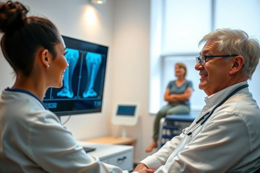 Doctor discussing x-ray results with patient in clinic. Medical professional reviewing diagnostic imaging on a monitor, healthcare setting, diagnostic review, patient consultation.