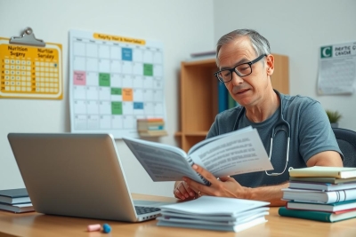 The image shows an older man, possibly a physician or medical professional, sitting at a desk in what appears to be an office setting. He is reading from a laptop computer screen while holding a stack of papers and a book. The man is wearing glasses and casual office attire.