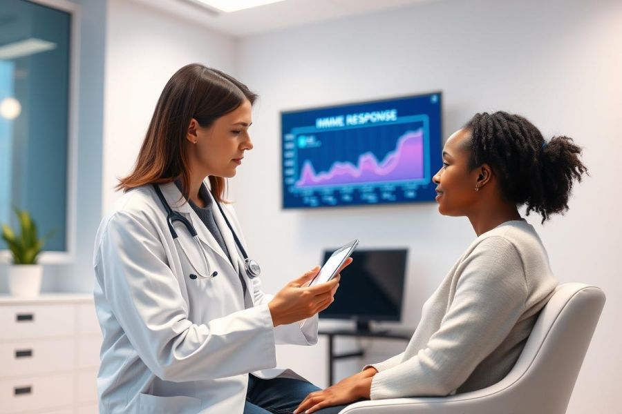 Doctor consults with a patient in a modern medical clinic. The scene features a white-coated physician showing data on a tablet, with a graph displayed on a screen behind them. Warm and cool tones create a professional healthcare setting.