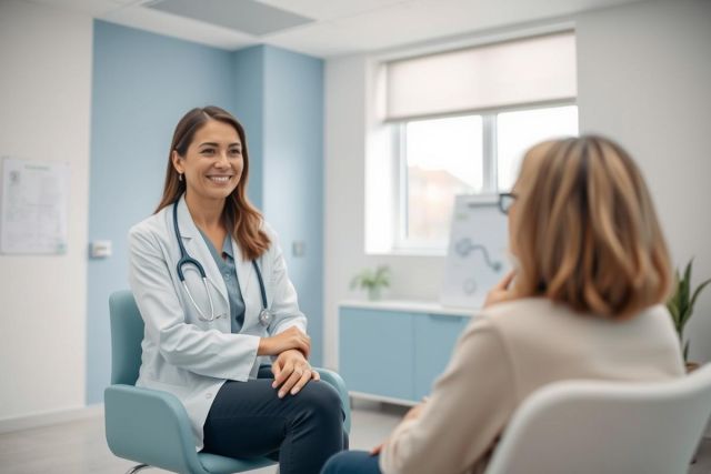 Doctor patient consultation in a bright, modern clinic. A female doctor in a white coat and stethoscope smiles while speaking with a patient. Blue walls and natural light create a welcoming healthcare environment. Medical appointment, healthcare professional, and wellness concepts are depicted.