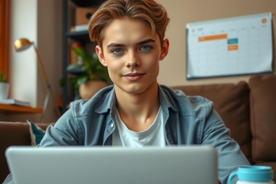 A young man with long hair, possibly blonde or light brown, is sitting at a desk in front of an open laptop. He has a neutral expression on his face and appears to be focused on the screen of the laptop. The room he's in is modern and well-lit, with a minimalistic style evident from the simple furnishings and a neutral color palette that includes shades of grey, white, and hints of greenery.
