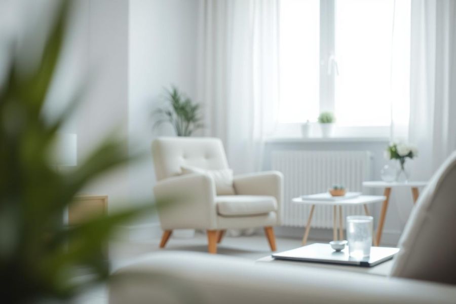 Bright, airy living room interior featuring a cream armchair, small wooden side tables, and natural light streaming through a window. The space showcases a minimalist, Scandinavian design with soft white walls and touches of greenery. A cozy and inviting home decor scene.