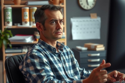 The image shows a man seated at a desk in what appears to be an office setting. He is dressed casually, wearing a plaid shirt with different colors of blue and white. The man has short hair and seems focused on something out of the frame.