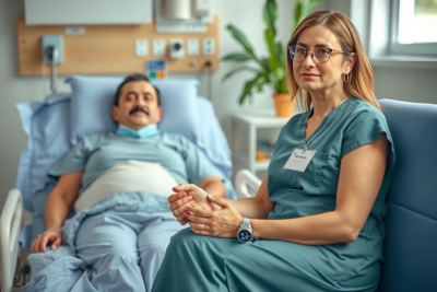 The image shows a hospital room with two individuals, presumably medical staff. One person is seated on the right side of the bed, wearing medical attire which indicates they are likely a doctor or nurse. The other individual is lying in the bed and appears to be a patient receiving medical care.