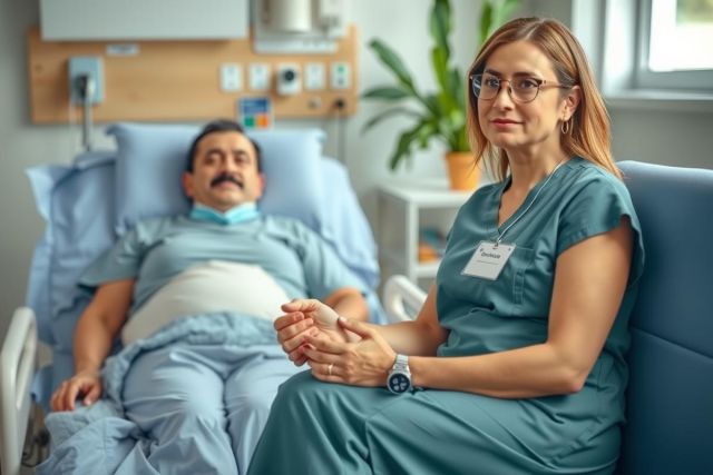The image shows a hospital room with two individuals, presumably medical staff. One person is seated on the right side of the bed, wearing medical attire which indicates they are likely a doctor or nurse. The other individual is lying in the bed and appears to be a patient receiving medical care.