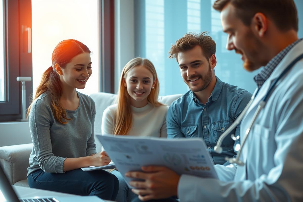 The image shows a friendly scene with four individuals seated together in an office environment. A doctor is reading or showing papers to the group, who are engaged and smiling. The setting suggests a health consultation or information session.