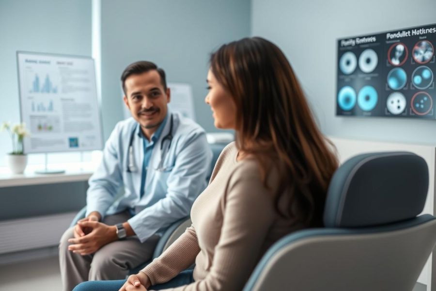 Doctor and patient consultation in a modern medical clinic. A smiling doctor in a white coat speaks with a woman in a light pink sweater. The scene features a light blue and white color palette with medical charts visible in the background. Healthcare, medical visit, doctor patient relationship.