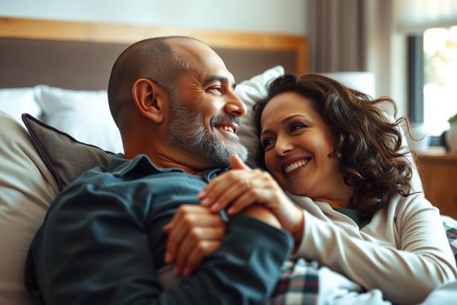 The image shows a man and woman sharing an affectionate moment in bed. The couple appears to be engaged in a loving embrace, with the man smiling at the woman who is also smiling back.