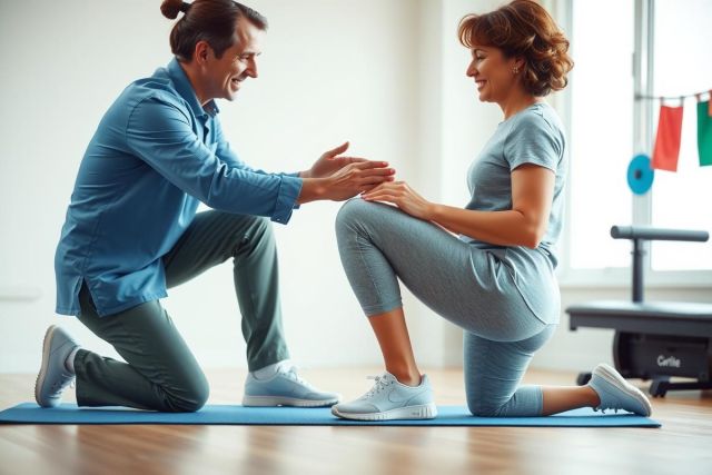 A male fitness instructor assists a female client with a leg stretch on a blue exercise mat in a gym setting. They are both wearing athletic attire. The scene shows a focus on physical therapy or rehabilitation.