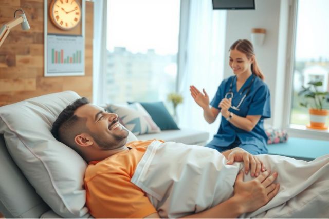 A smiling man in a hospital bed with white sheets, wearing an orange shirt. A nurse in blue scrubs stands beside him.
