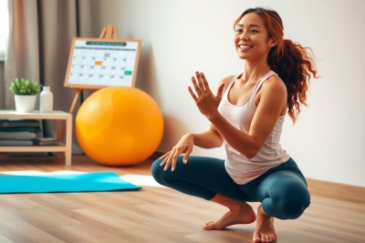 A woman in sportswear smiles as she exercises indoors. The room is bright with natural light and comfortable exercise equipment such as an exercise ball and an exercise bench.