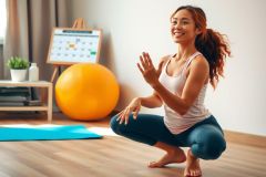 A woman in sportswear smiles as she exercises indoors. The room is bright with natural light and comfortable exercise equipment such as an exercise ball and an exercise bench.