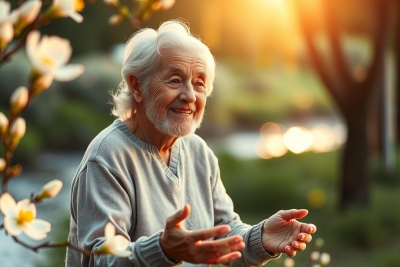 The image depicts an elderly person with white hair, sitting comfortably in a sunny outdoor setting. The individual appears to be enjoying the peacefulness of their surroundings and is smiling at something or someone off-camera.