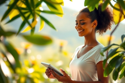 The image shows a woman sitting under trees, smiling at the camera. She is holding a tablet or e-reader and appears to be enjoying her time in a sunny environment surrounded by greenery.