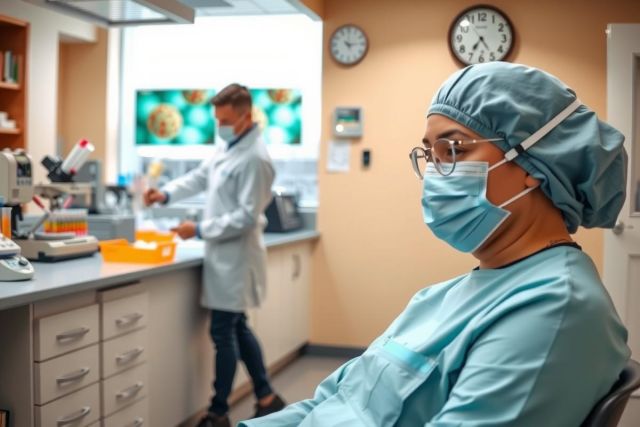 Two medical professionals, wearing surgical gowns and face masks, are in a clean room. One is seated at a desk with lab equipment and the other stands behind, assisting or observing.