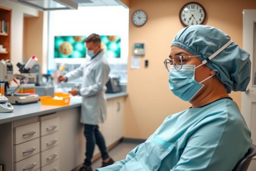 Two medical professionals, wearing surgical gowns and face masks, are in a clean room. One is seated at a desk with lab equipment and the other stands behind, assisting or observing.