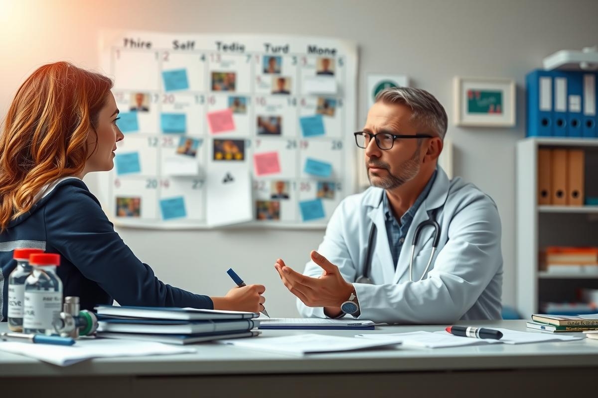 The image depicts a professional setting where two individuals, likely a doctor and patient or caregiver, are engaged in conversation. They are seated at a desk with medical charts and various office supplies visible. The room appears to be an office or clinic environment.