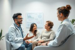 Doctor consults with patients in a modern healthcare setting. Diverse group engaged in discussion, with a whiteboard visible in the background. Focus on medical consultation, healthcare professionals, and patient care. Warm, inviting atmosphere.