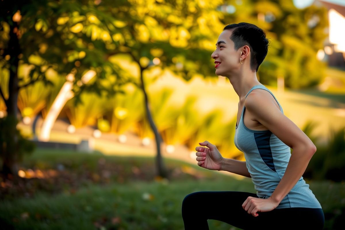 The image shows a woman running in an outdoor setting. The woman is wearing athletic attire and appears to be in motion. There are trees and shrubs around her.