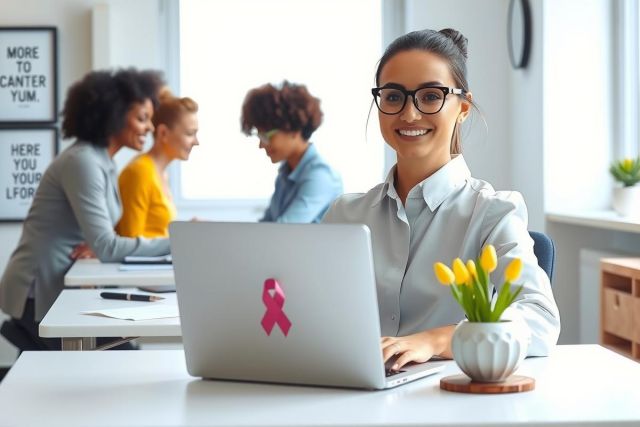 The image portrays a professional office environment with a woman in the foreground sitting at a desk. She is engaged on her laptop, which features a pink ribbon design on its lid. Other people are also present in the background working, contributing to a collaborative atmosphere.