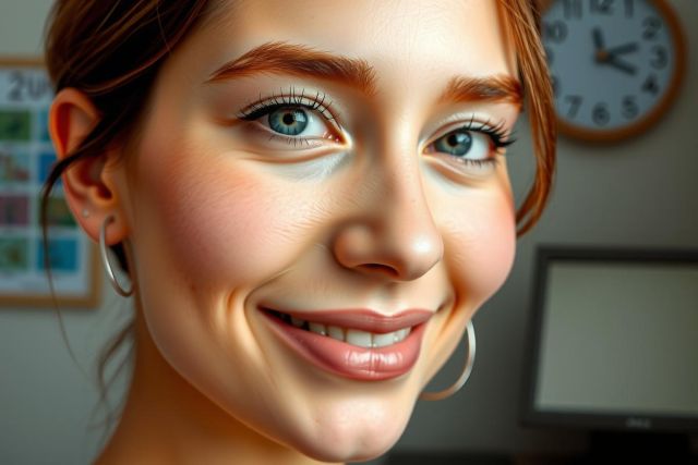 A smiling woman with blue eyes and a dimple in her right cheek, showcasing a makeup style that enhances her features. She has a soft complexion, full lips, and lightly colored eye shadow. Her expression is cheerful and welcoming.