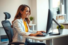 A woman working at a desk in a modern office setting. She is using a computer, wearing a white coat, and smiling. The room features natural light and a minimalist design.