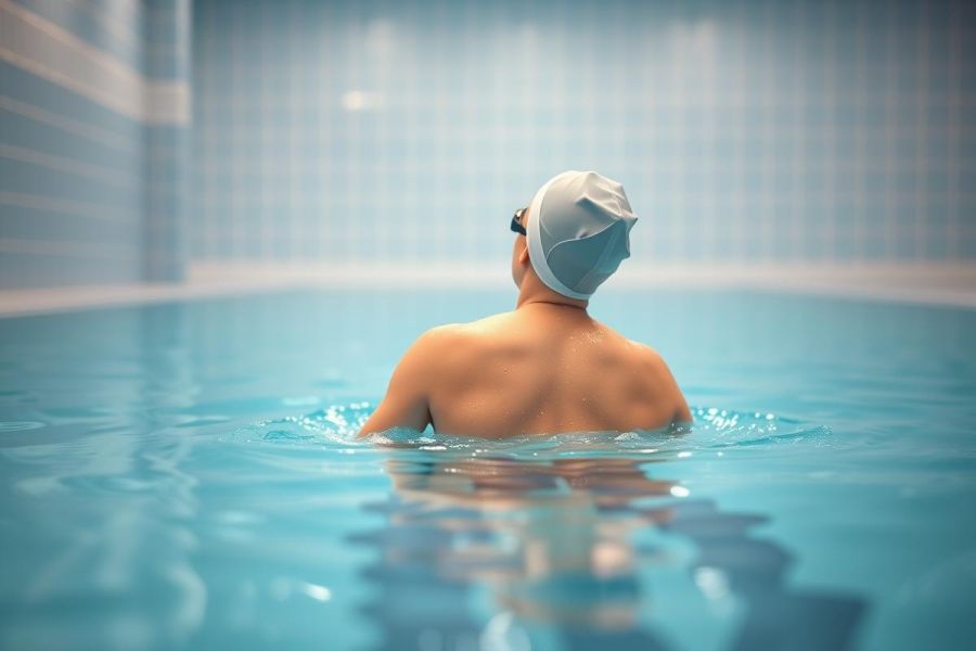 Rear view of a swimmer wearing a swim cap in a blue indoor pool. The scene features cool blue tones and a tranquil aquatic environment, suggesting fitness, training, or recreational swimming. Focus is on the water and the swimmer's back.